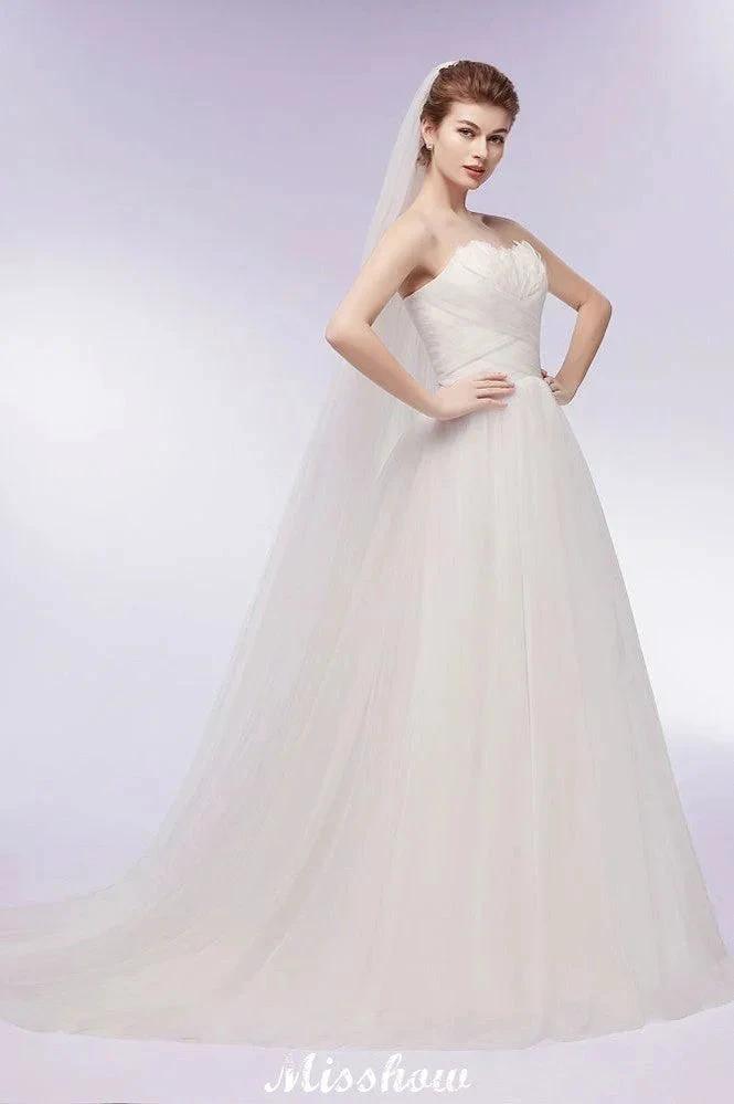 Sweetheart Strapless A-line Feathers Tulle Wedding Dresses (ZD13957)