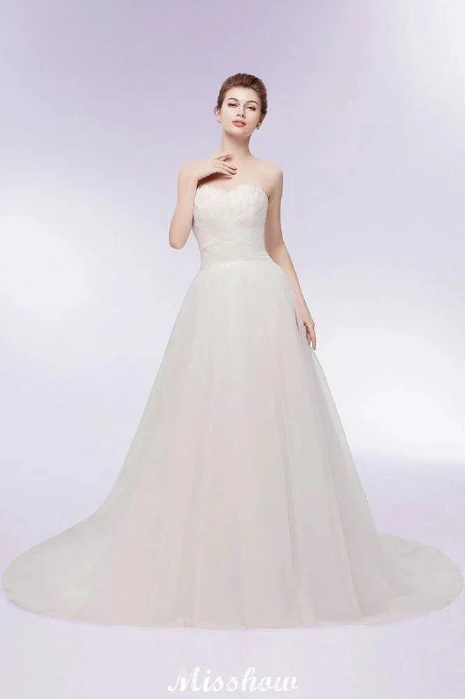Sweetheart Strapless A-line Feathers Tulle Wedding Dresses (ZD13957) - VelvetHem