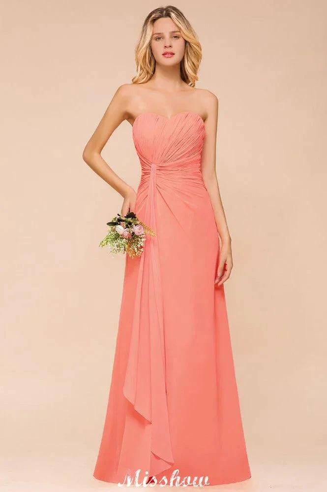 Sweetheart Strapless Ruffle Bridesmaid Dress Chiffon Long Maid of Honor Dress by misshow.com