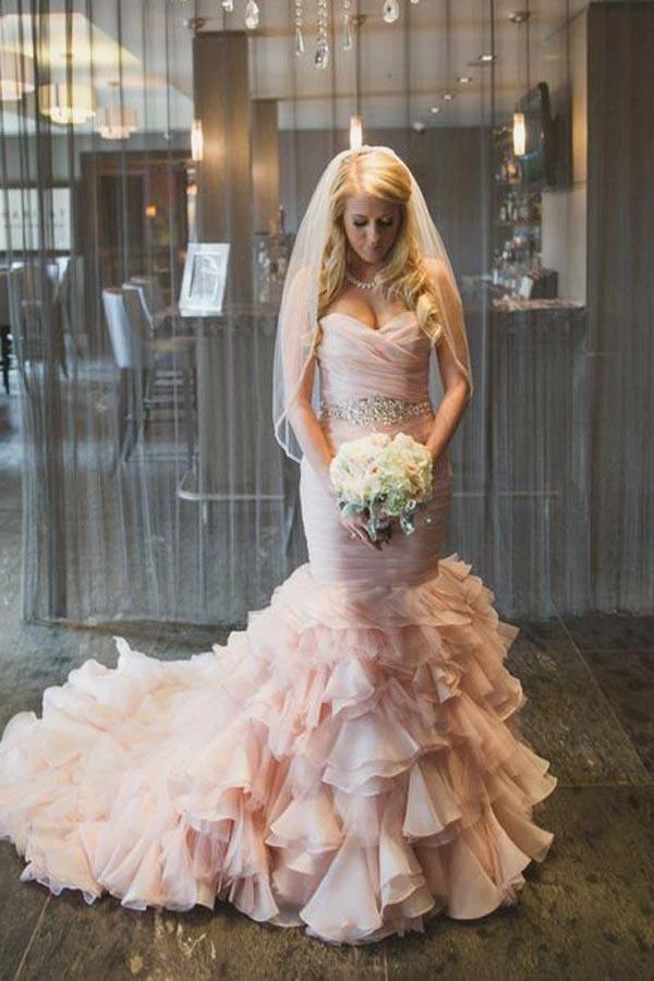 Sweetheart Tiered Train Organza Mermaid Wedding Dress with Beading (ZD16039) - VelvetHem