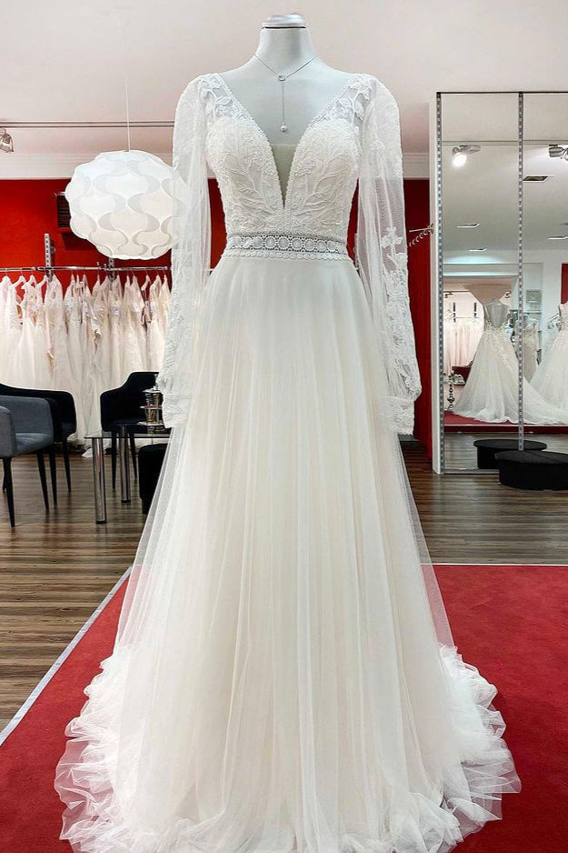 Sweetheart Tulle Beadings Lace Appliques Wedding Dresses With Long Sleeves (ZD17543) - VelvetHem