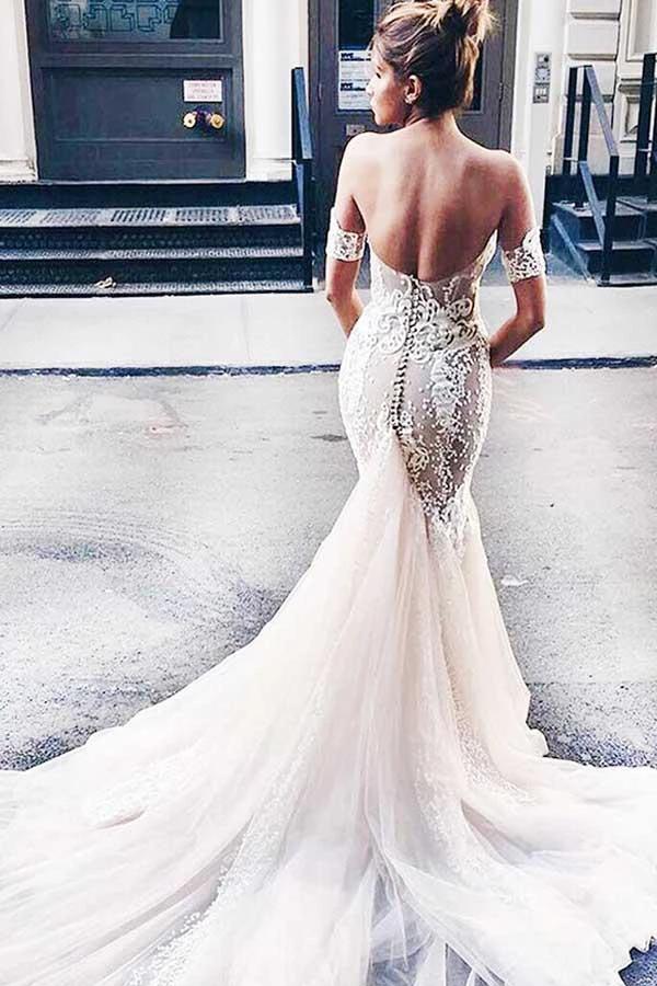Sweetheart Watteau Train Mermaid Wedding Dress with White Lace (ZD15421)