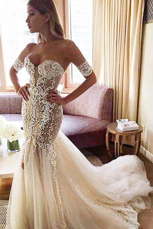 Sweetheart Watteau Train Mermaid Wedding Dress with White Lace (ZD15421) - VelvetHem
