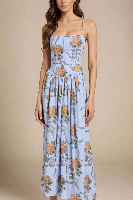Woman wearing a figure flattering Tasmin Midi Dress - Sky Blue BODYCON COLLECTION