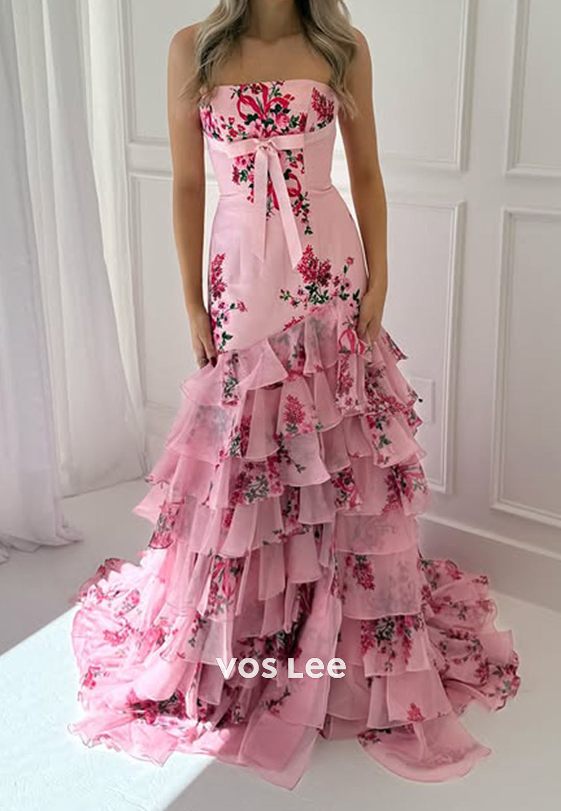 Stapless Flower Print Tiered A-line Long Prom Dresse With Bow