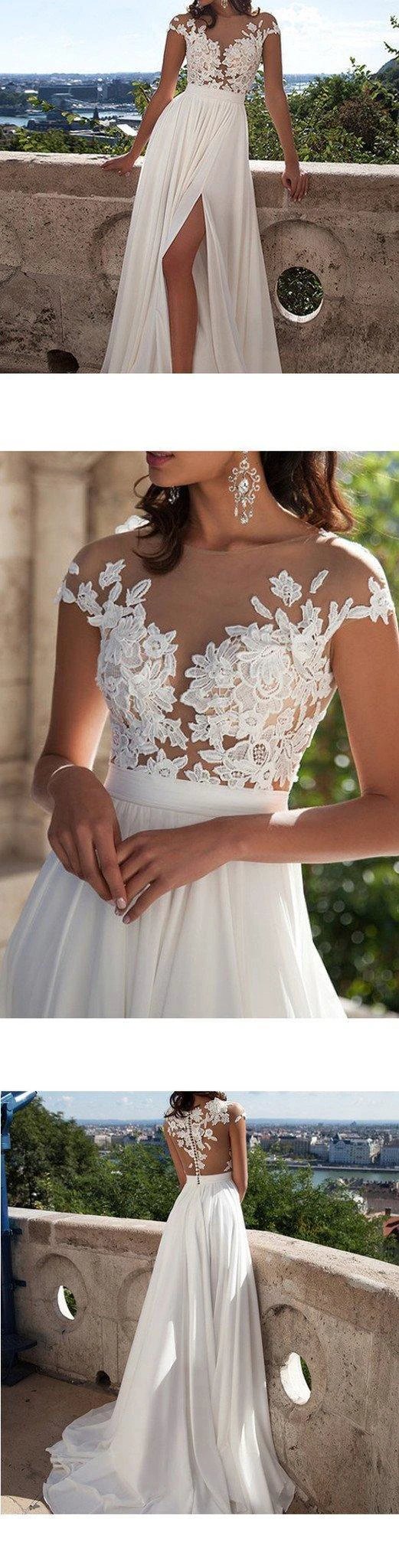 Top lace Appliques Side Slit Chiffon Party Evening Prom Dresses (ZD16346)