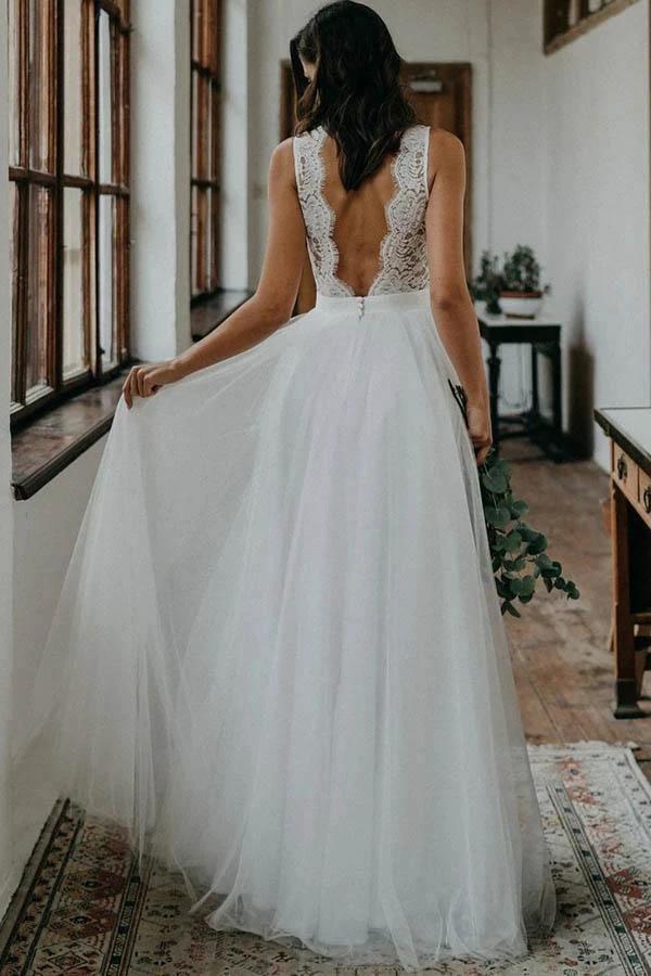Top Lace Simple Tulle Beach Wedding Dress Bridal Gown With V Back (ZD16322)