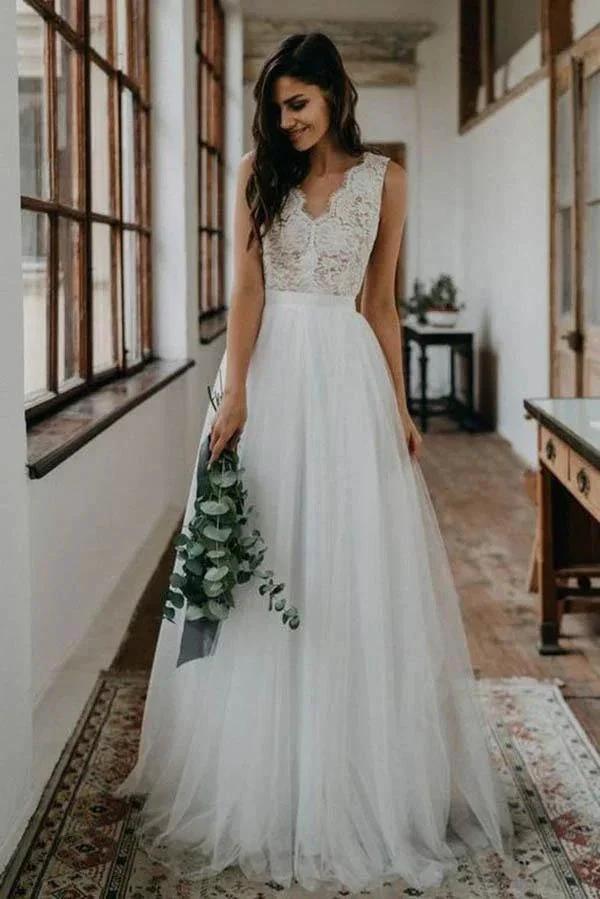Top Lace Simple Tulle Beach Wedding Dress Bridal Gown With V Back (ZD16322) - VelvetHem