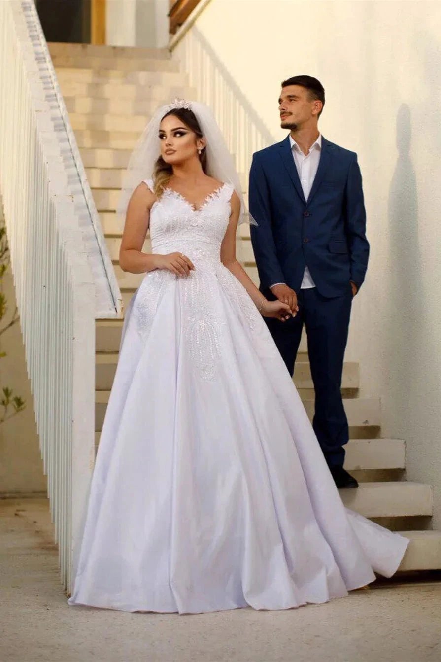 Trendy Floor Length Sweetheart Traps Sleeveless A-Line Satin Wedding Dress with Beads (ZD14778)