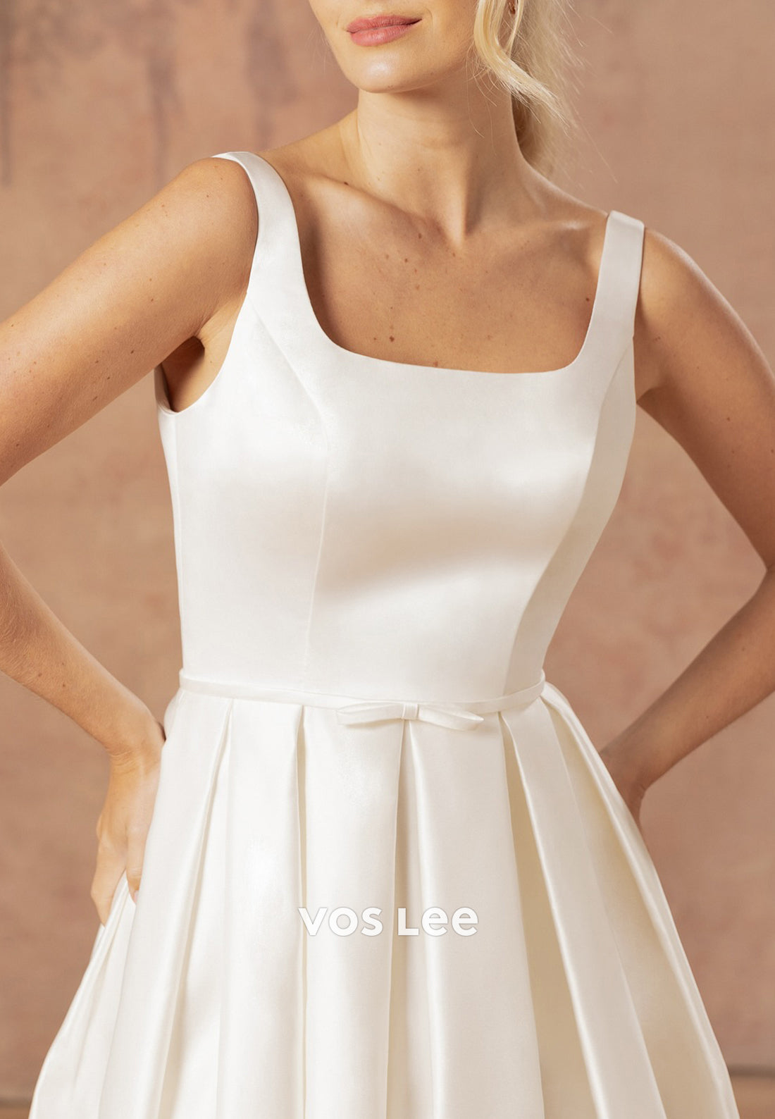 Couture & Ornate A-Line Square Tea-Length Pleated Wedding Dresses with Pockets