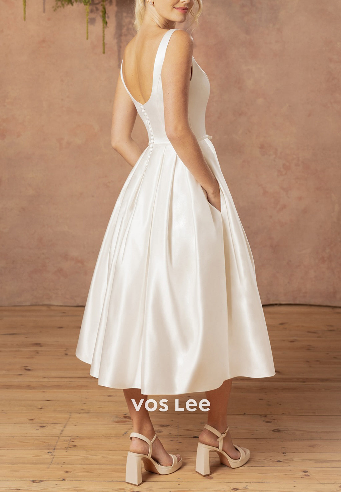Couture & Ornate A-Line Square Tea-Length Pleated Wedding Dresses with Pockets