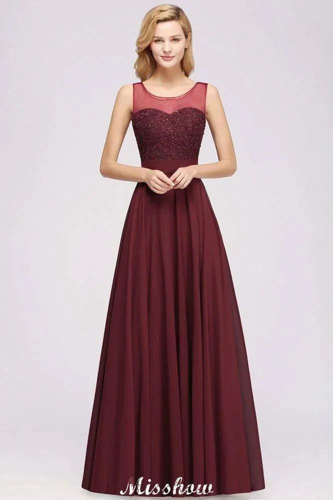 Tulle Lace Beadings Jewel Sleeveless Floor-Length Bridesmaid Dresses A-Line Chiffon Tulle Party Dress by misshow.com