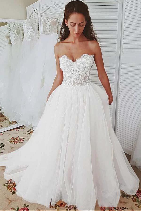 Tulle Sweetheart Neckline A-line Wedding Dresses With Lace Appliques (ZD15367) - VelvetHem