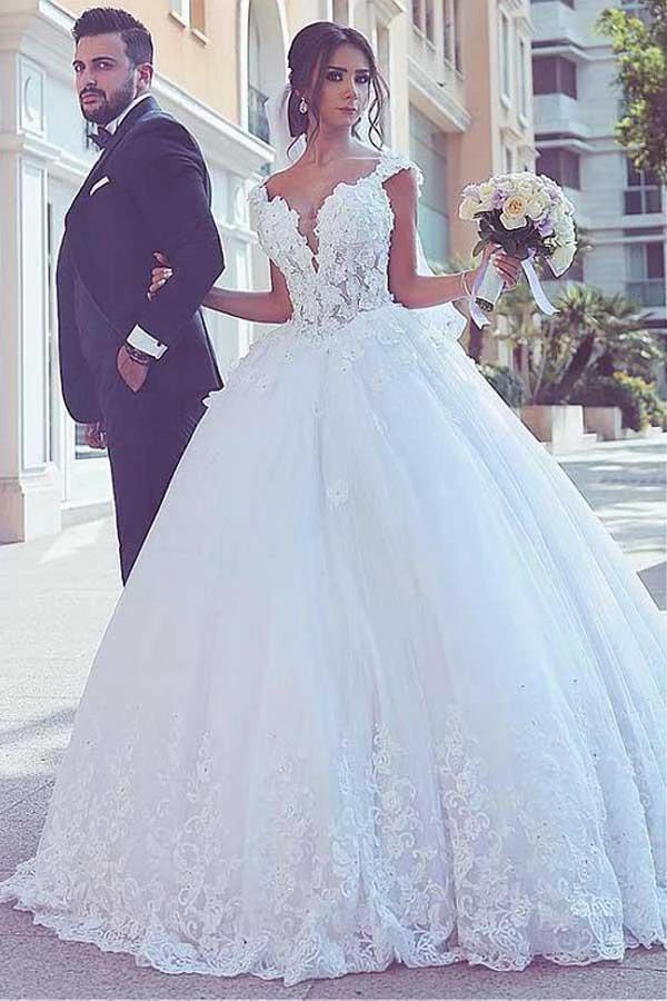 Tulle V-neck Neckline Ball Gown Wedding Dresses With Lace Appliques (ZD15406) - VelvetHem