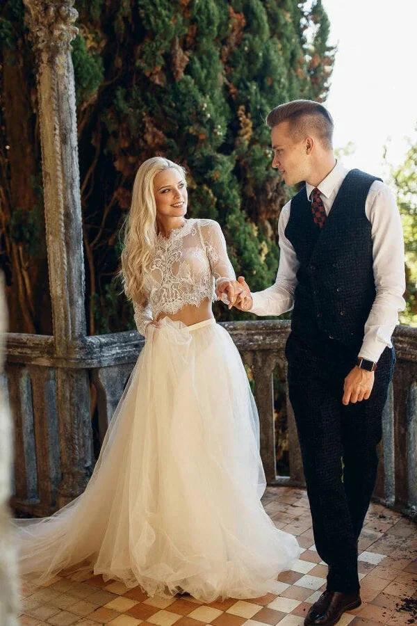 Two Piece A-line Long Lace Tulle Wedding Dress with Sleeves (ZD14366)