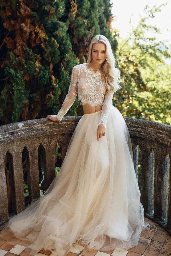 Two Piece A-line Long Lace Tulle Wedding Dress with Sleeves (ZD14366)