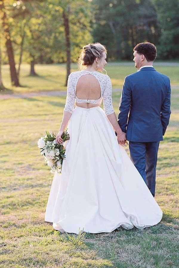 Two Piece Half Sleeves See-Through Wedding Dress with Lace Top (ZD15347)