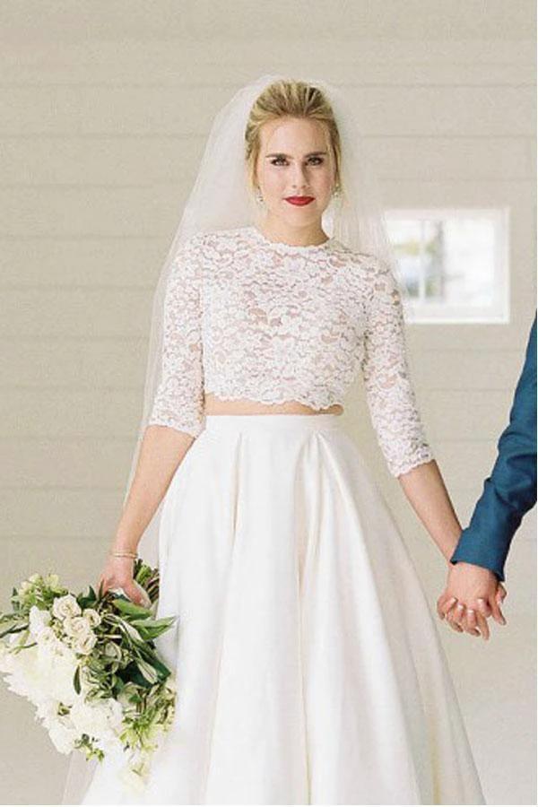 Two Piece Half Sleeves See-Through Wedding Dress with Lace Top (ZD15347) - VelvetHem