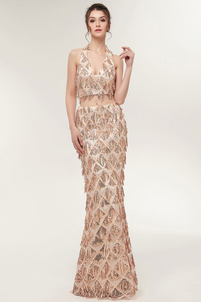 Two-piece Halter Mermaid Long Sequined Patterns Champagne Prom Dresses - VelvetHem