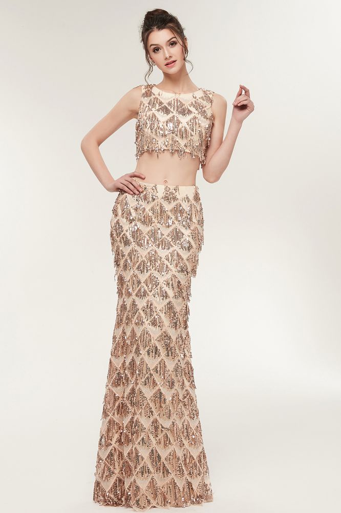 Two-piece Sleeveless Mermaid Floor Length Sequined Champagne Prom Dresses - VelvetHem
