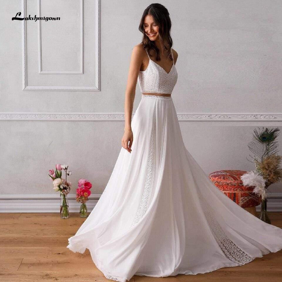 Two Piece Wedding Dress Lace Beach Off the Shoulder - VelvetHem