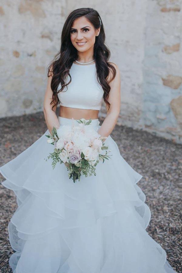 Two Piece White Wedding Dresses Ruffle Skirt A-line Wedding Dress (ZD15403) - VelvetHem