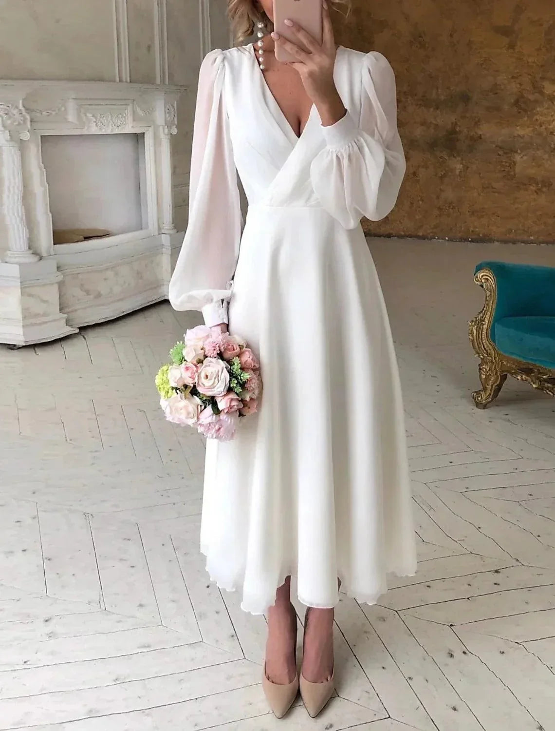 Reception Little White Dresses Wedding Dresses A-Line V Neck Long Sleeve Ankle Length Chiffon Bridal Gowns With Solid Color - VelvetHem
