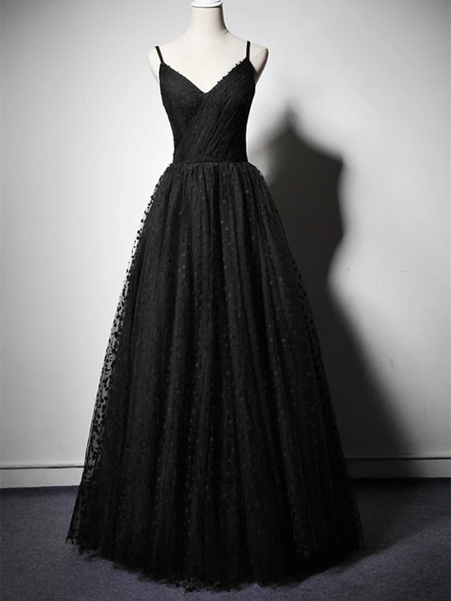 Unique A-line V Neck Long Prom Dresses Black Formal Evening Gowns - VelvetHem