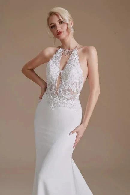 Unique Halter Sleeveless Mermaid Floor-Length Satin Wedding Dresses with Pattern (ZD14661)