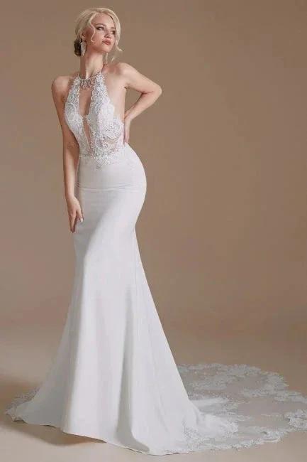 Unique Halter Sleeveless Mermaid Floor-Length Satin Wedding Dresses with Pattern (ZD14661) - VelvetHem