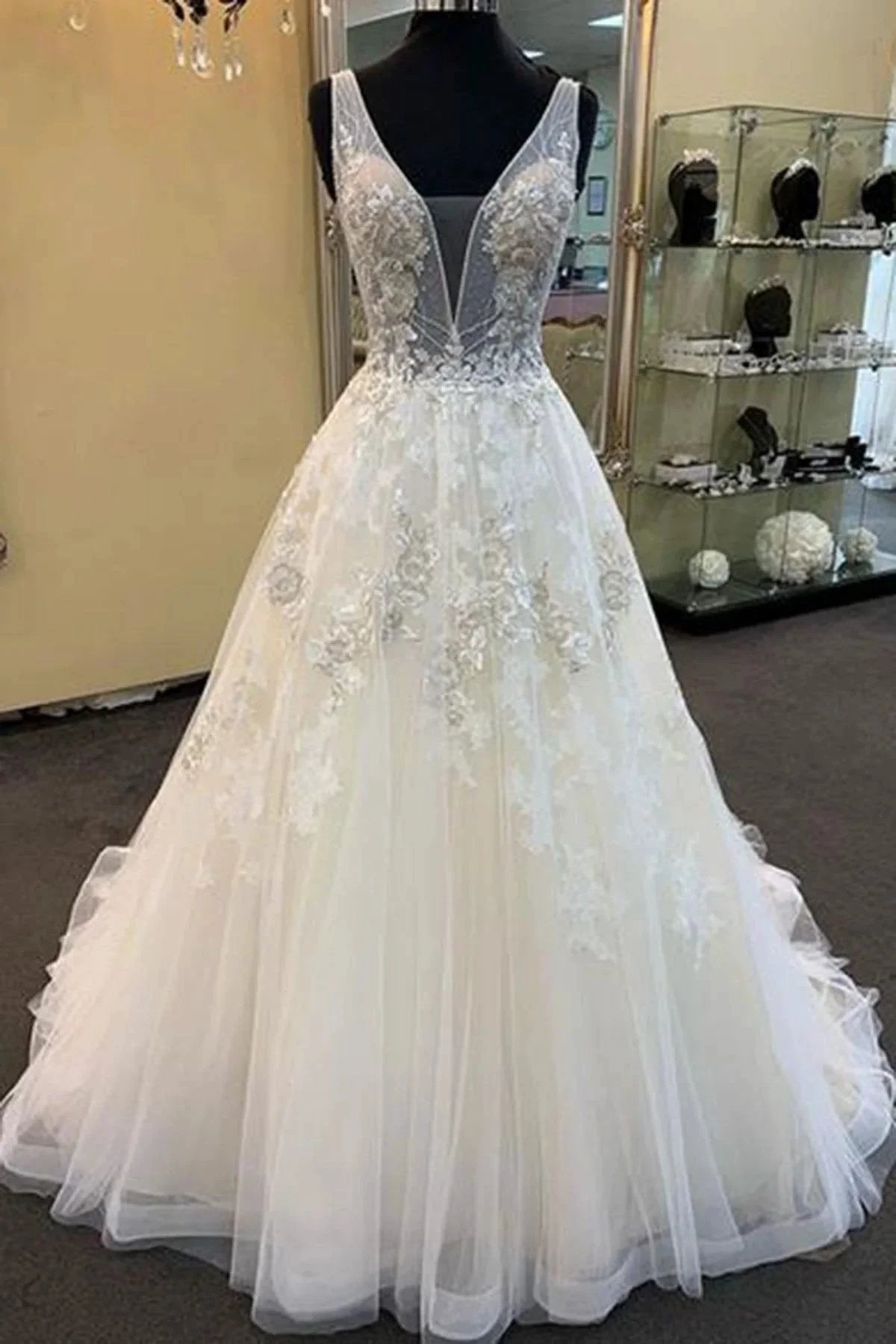 Unique Long A-line Tulle V Neck Beaded Lace Wedding Dress (ZD15818) - VelvetHem