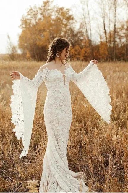 Unique Sweetheart Long-Sleeve Mermaid Floor-Length Lace Wedding Dresses with Chapel Train (ZD16562) - VelvetHem
