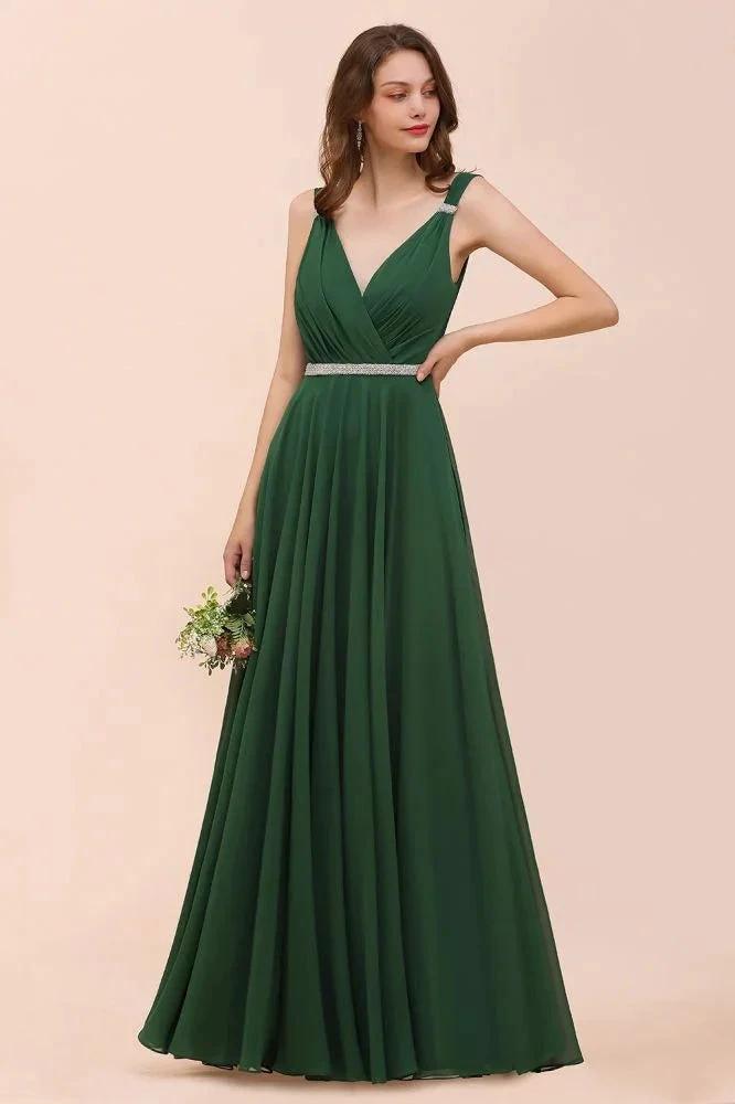 V-Neck A-line Dark Green Bridesmaid Dress Rhinestone Waist Belt (ZD13000) - VelvetHem