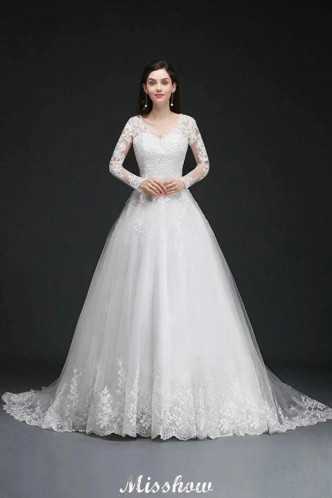 V-Neck Ball Gown Lace Tulle Wedding Dresses by misshow.com