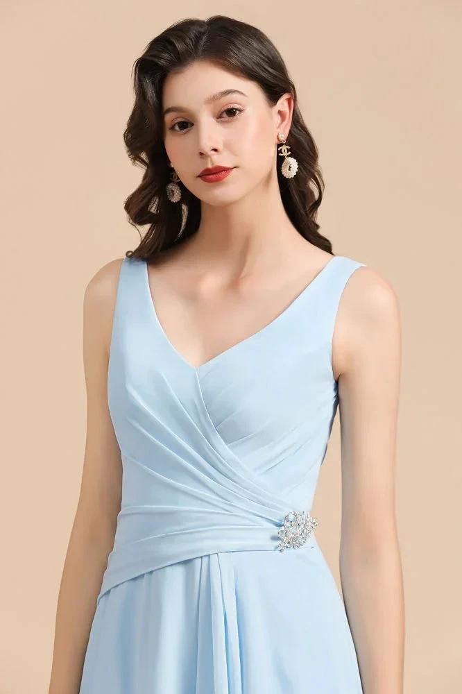 V-Neck Chiffon Aline Bridesmaid Dress Sleeveless Floor Length Simple Wedding Dress (ZD13096)