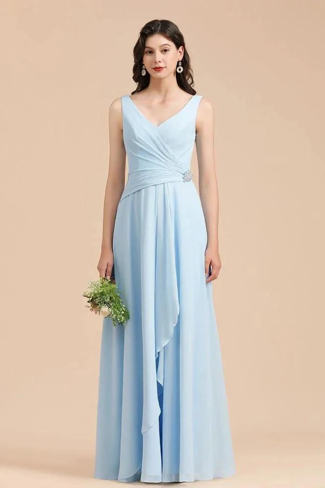 V-Neck Chiffon Aline Bridesmaid Dress Sleeveless Floor Length Simple Wedding Dress by misshow.com