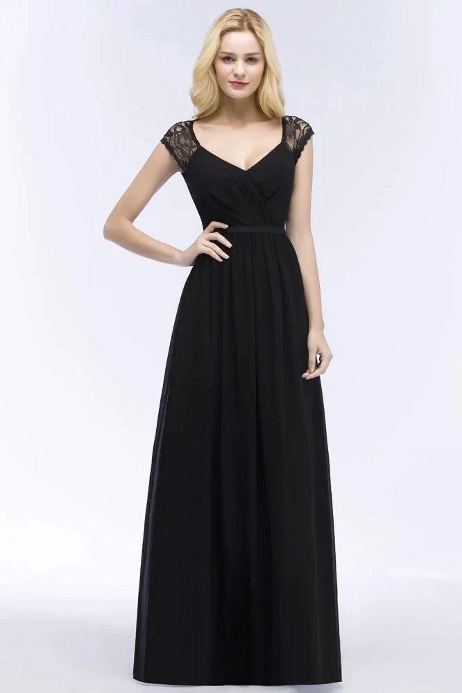 V-neck Floor Length A-line Lace Chiffon Bridesmaid Dresses with Sash (ZD13057) - VelvetHem