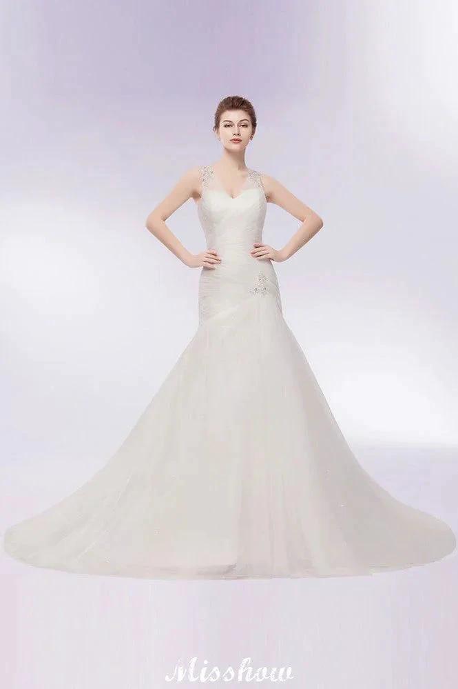 V-neck Floor Length Mermaid Crystals Tulle Wedding Dresses (ZD13954)