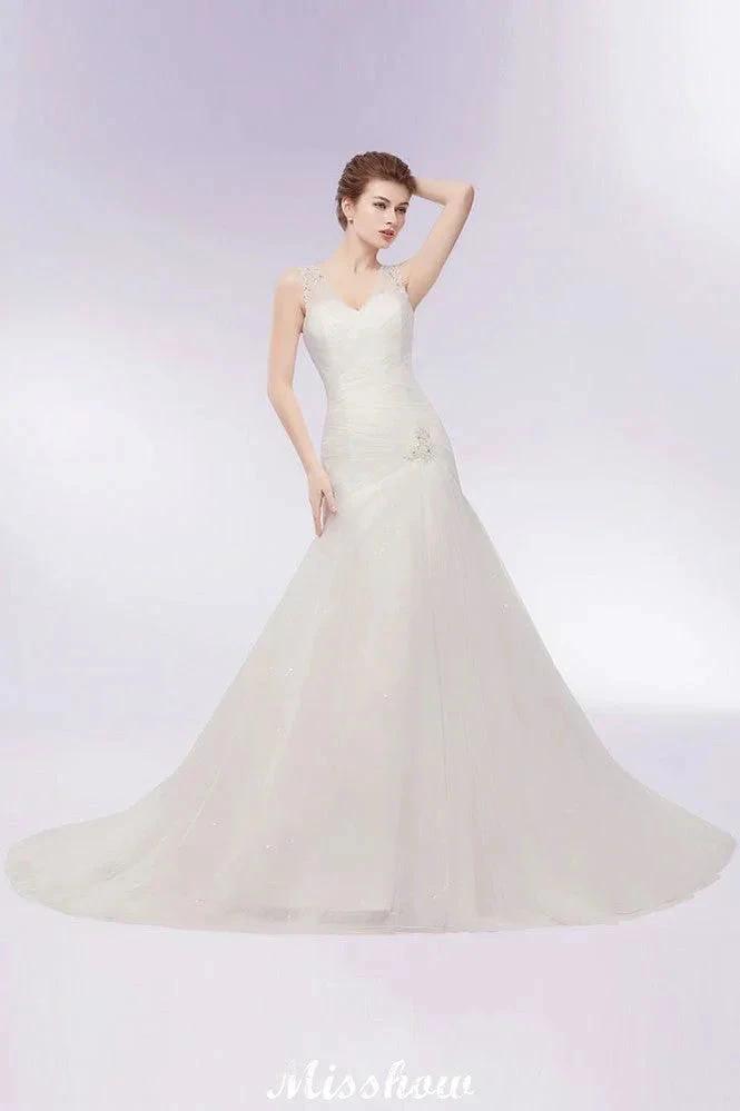 V-neck Floor Length Mermaid Crystals Tulle Wedding Dresses (ZD13954) - VelvetHem