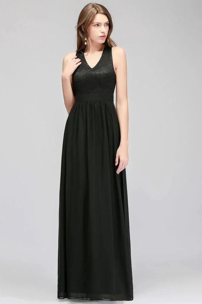 V-neck Floor Length Sleeveless Lace Top Black Bridesmaid Dress (ZD13040) - VelvetHem