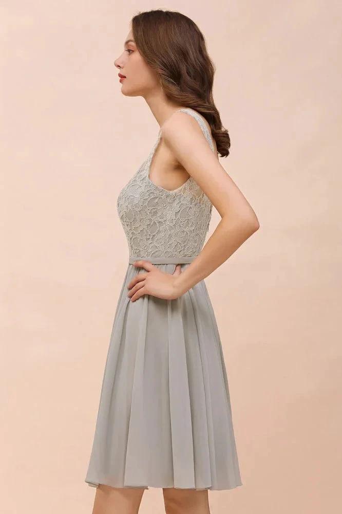 V-Neck Floral Lace Mini Homecoking Dress Grey Simple Chiffon Bridesmaid Dress Party Dress (ZD12963)
