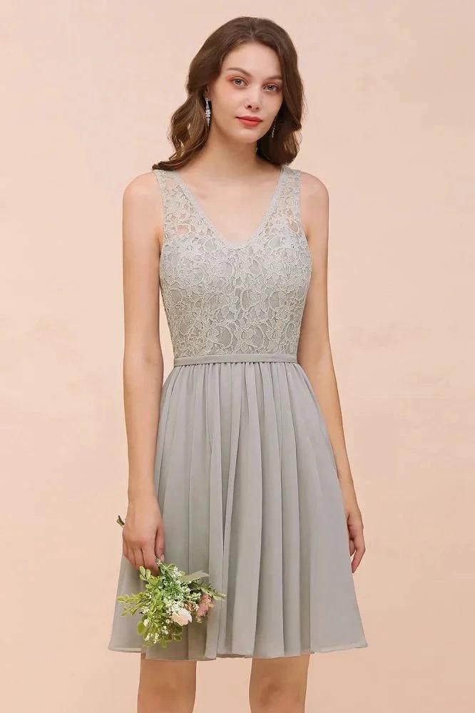 V-Neck Floral Lace Mini Homecoking Dress Grey Simple Chiffon Bridesmaid Dress Party Dress by misshow.com
