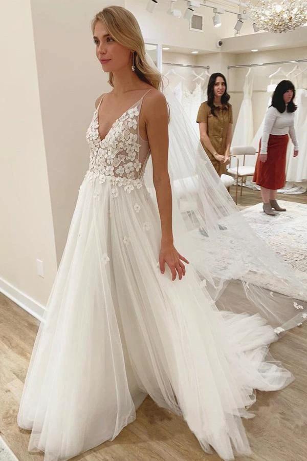 V Neck Ivory Vivid Flowers Wedding Dresses With with Unlined Bodice (ZD15298) - VelvetHem