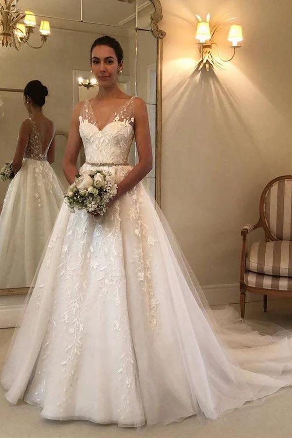 V Neck Lace Wedding Dresses Backless Rustic Wedding Dress (ZD16026)