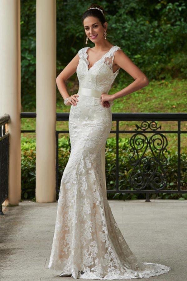 V-Neck Lace Zipper-Up Sheath Sweep Train Wedding Dress (ZD15414)