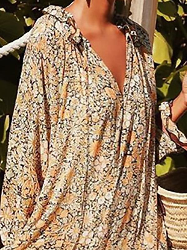 V neck Long sleeved Casual Floral Big Swing Dress