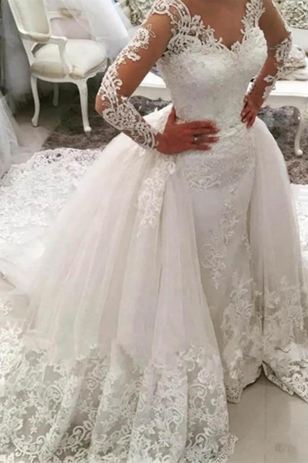 V-Neck Long Sleeves Appliques Watteau Train Wedding Dress (ZD15413) - VelvetHem