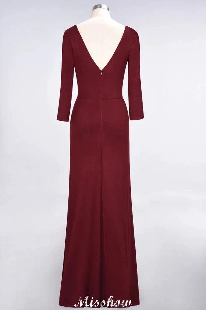 V-Neck Long-Sleeves Side-Slit Floor-Length Bridesmaid Dress with Ruffles (ZD12905)