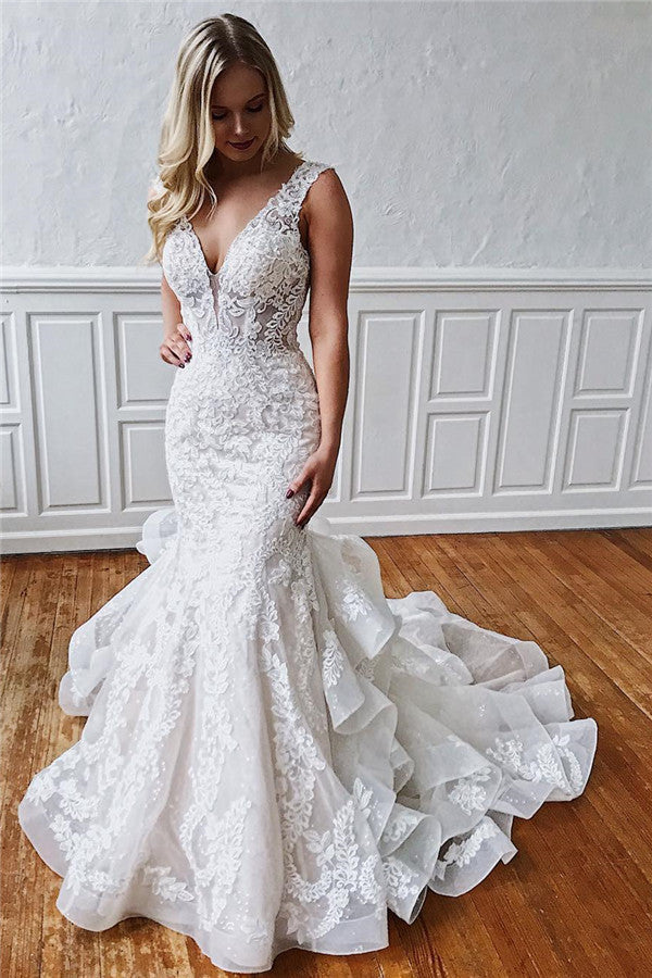 V-Neck Mermaid Lace Wedding Dress With Ruffles (ZD17530) - VelvetHem