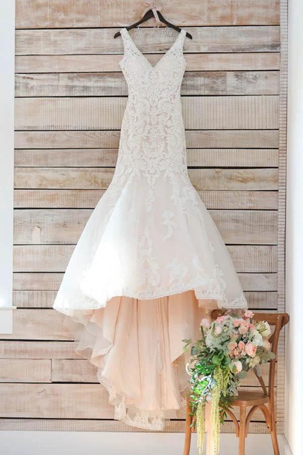 V Neck Mermaid Long White Lace Appliques Wedding Dress with Train (ZD15417) - VelvetHem